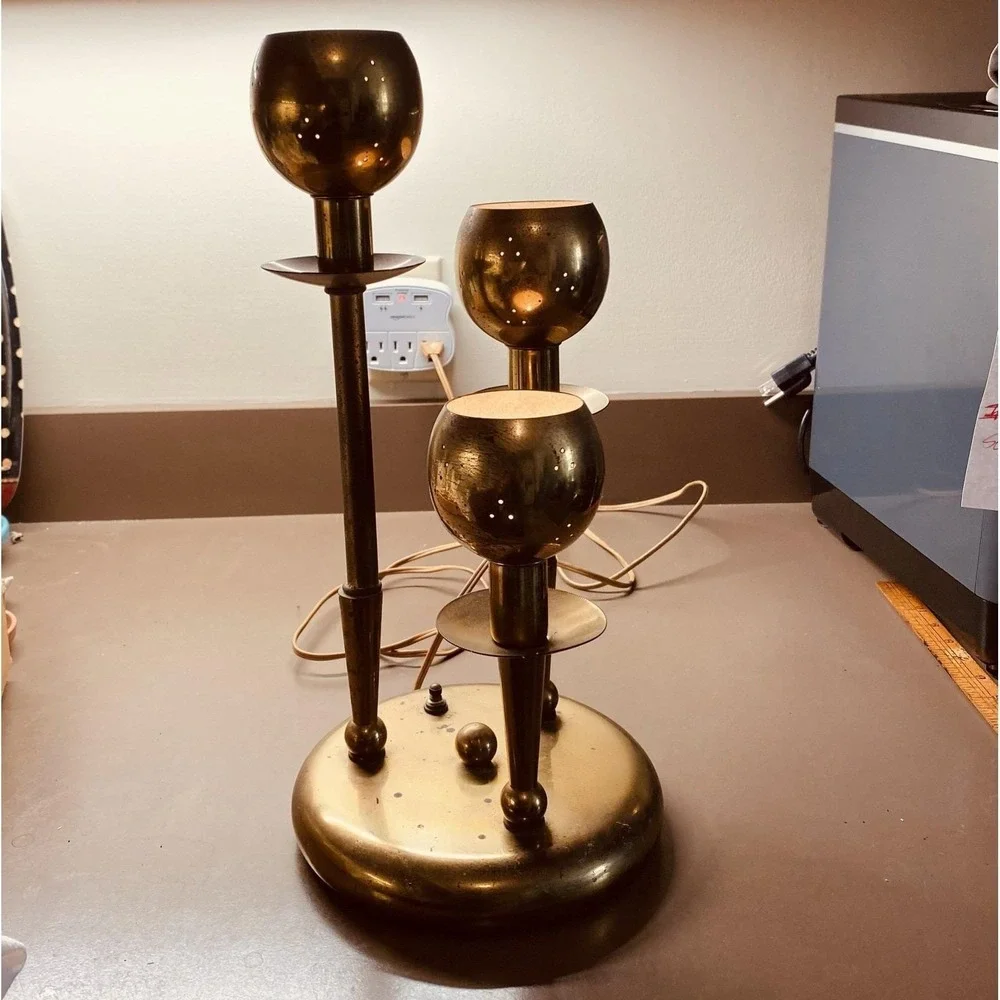 Vintage brass table lamp 3-way switch midcentury modern atomic perforated shades